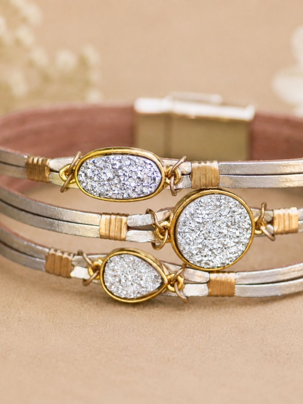 Handcrafted Metallic Color Silver Druzy Leather Cuff Bracelet ,  Magnetic Clasp